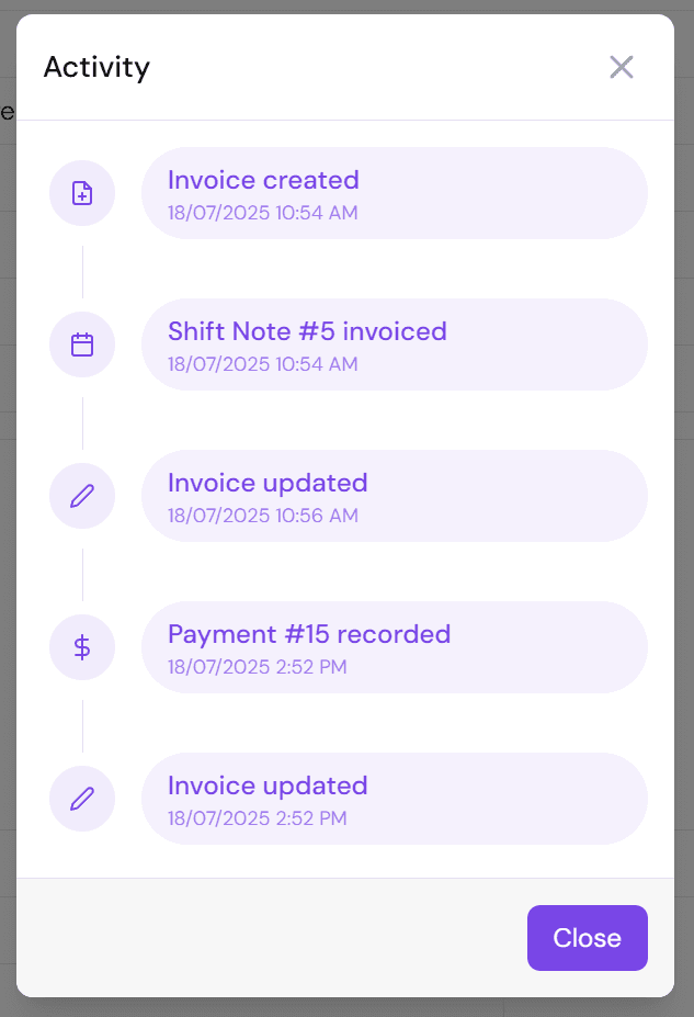 Displays the activity popup for an invoice with 5 events displayed.
