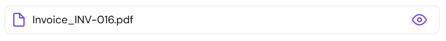 Screenshot of the invoice attachment at the bottom of the 'Send Invoice' popup. Displays "Invoice_INV-016.pdf" and the 'Eye' icon for previewing.