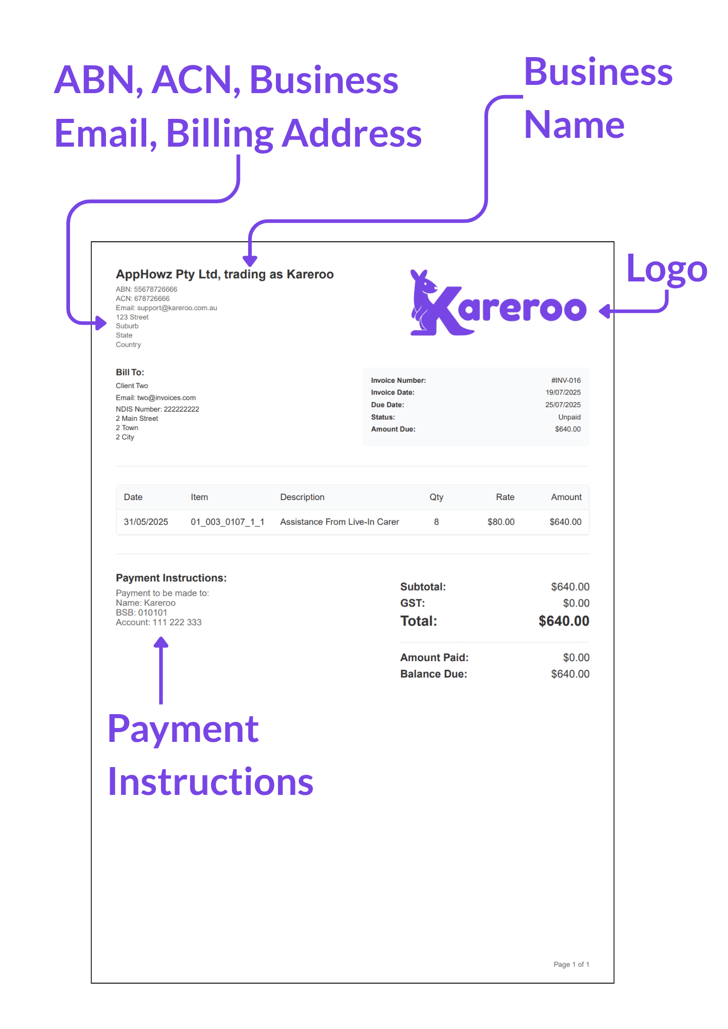 Displays a dummy invoice with arrows pointing to the locations of the customisable invoice details, showing where they appear on a generated invoice.