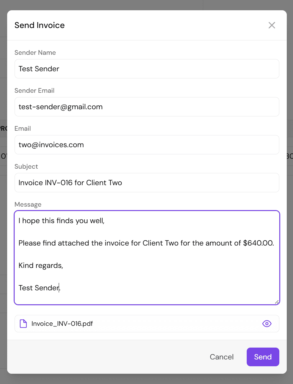 Displays the send invoice popup, pre-filled with dummy data. Has field for sender name, sender email, email, subject, message and attachment.
